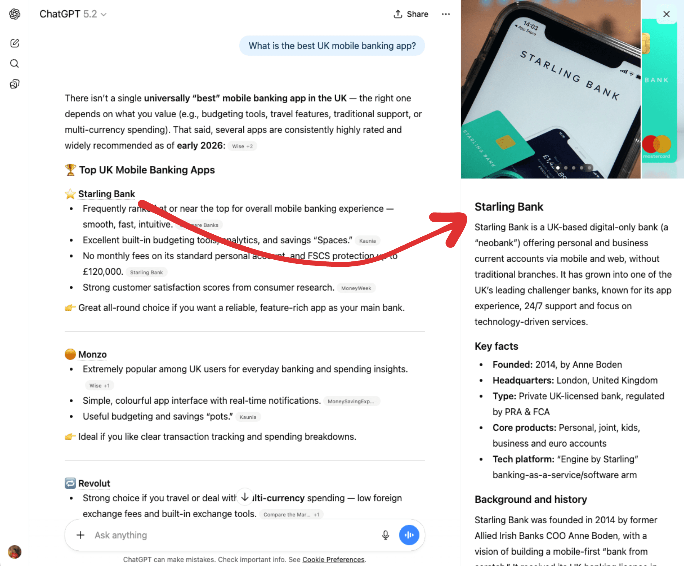 Screenshot of a ChatGPT entity panel showing a brand summary, key facts, and source links