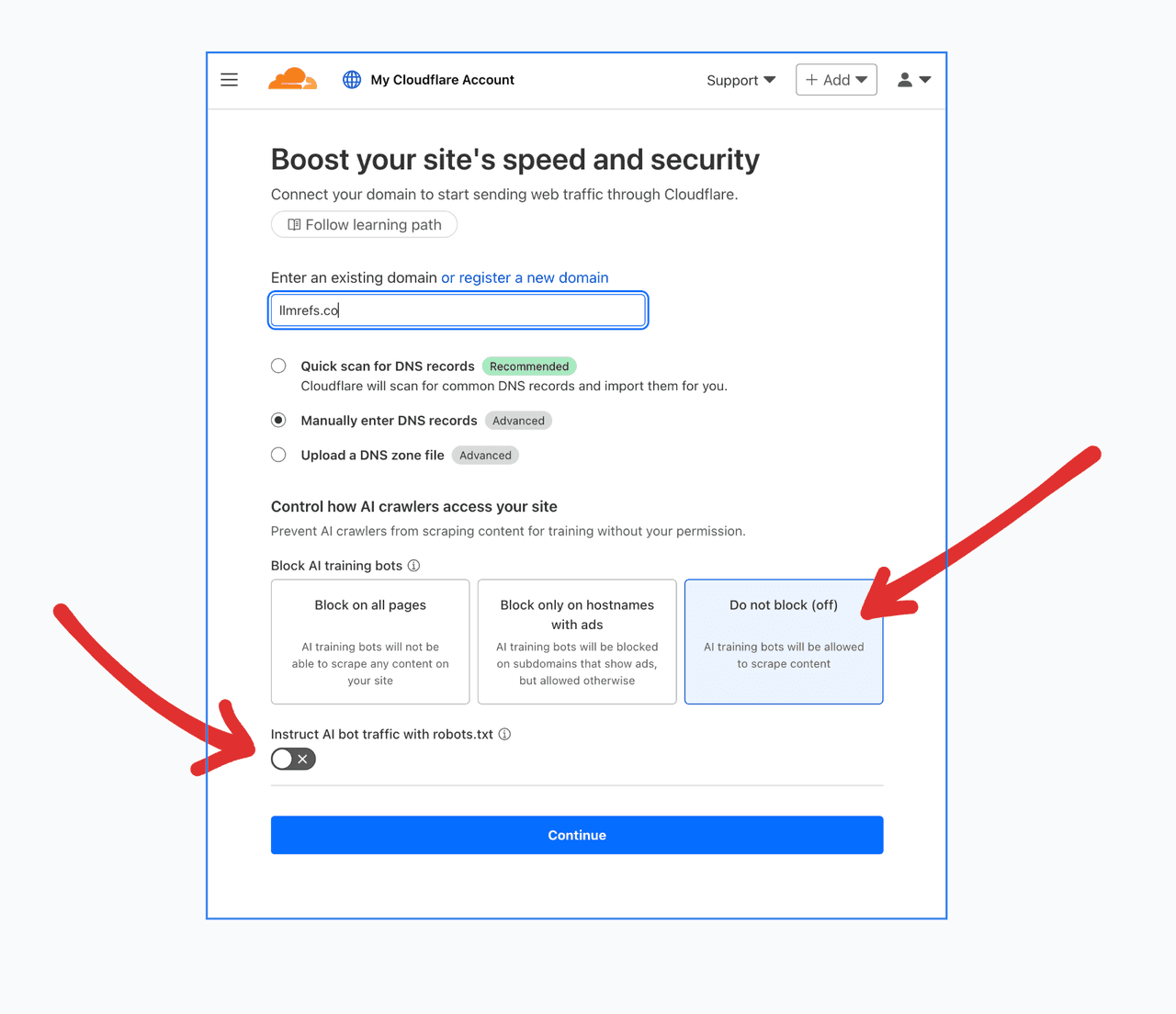 Cloudflare new domain setup showing AI crawler settings