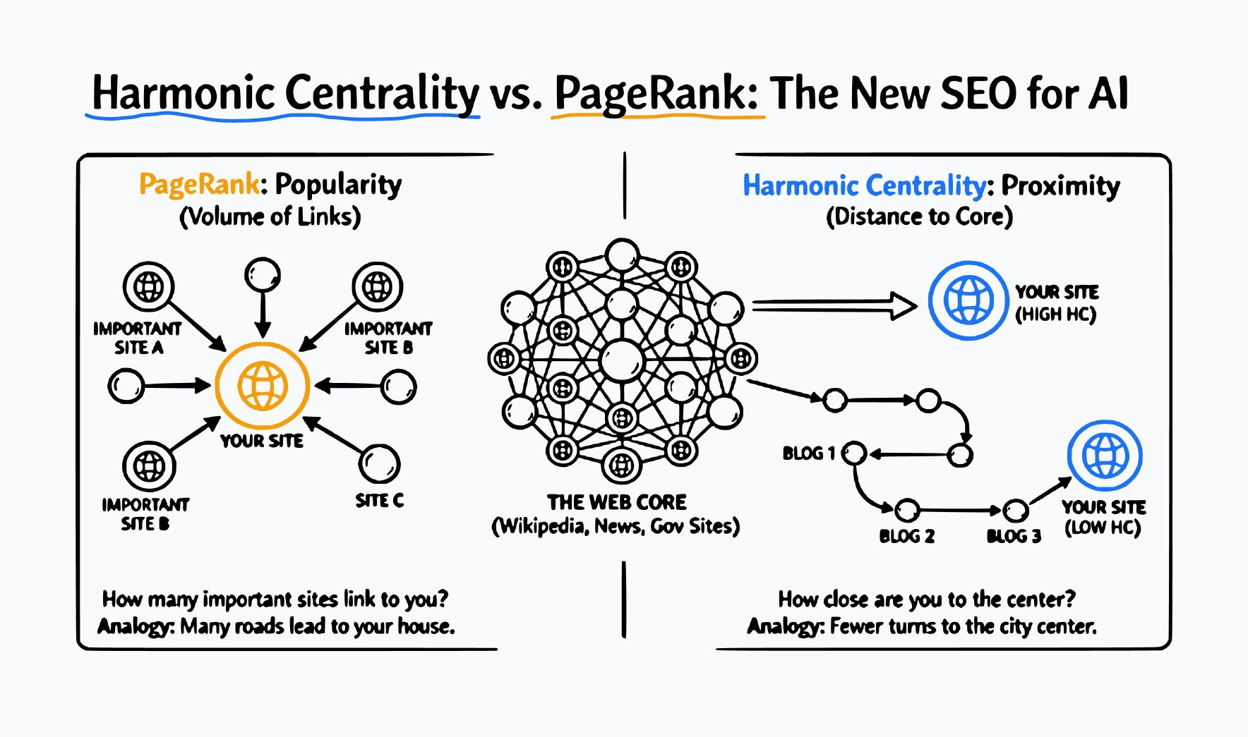 Harmonic Centrality vs PageRank explained