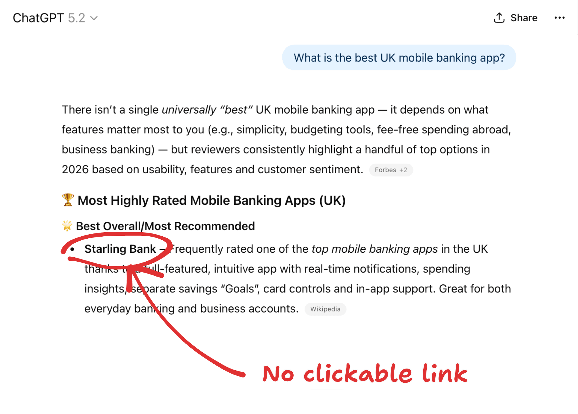 ChatGPT screenshot showing a zero-click response with a brand mention