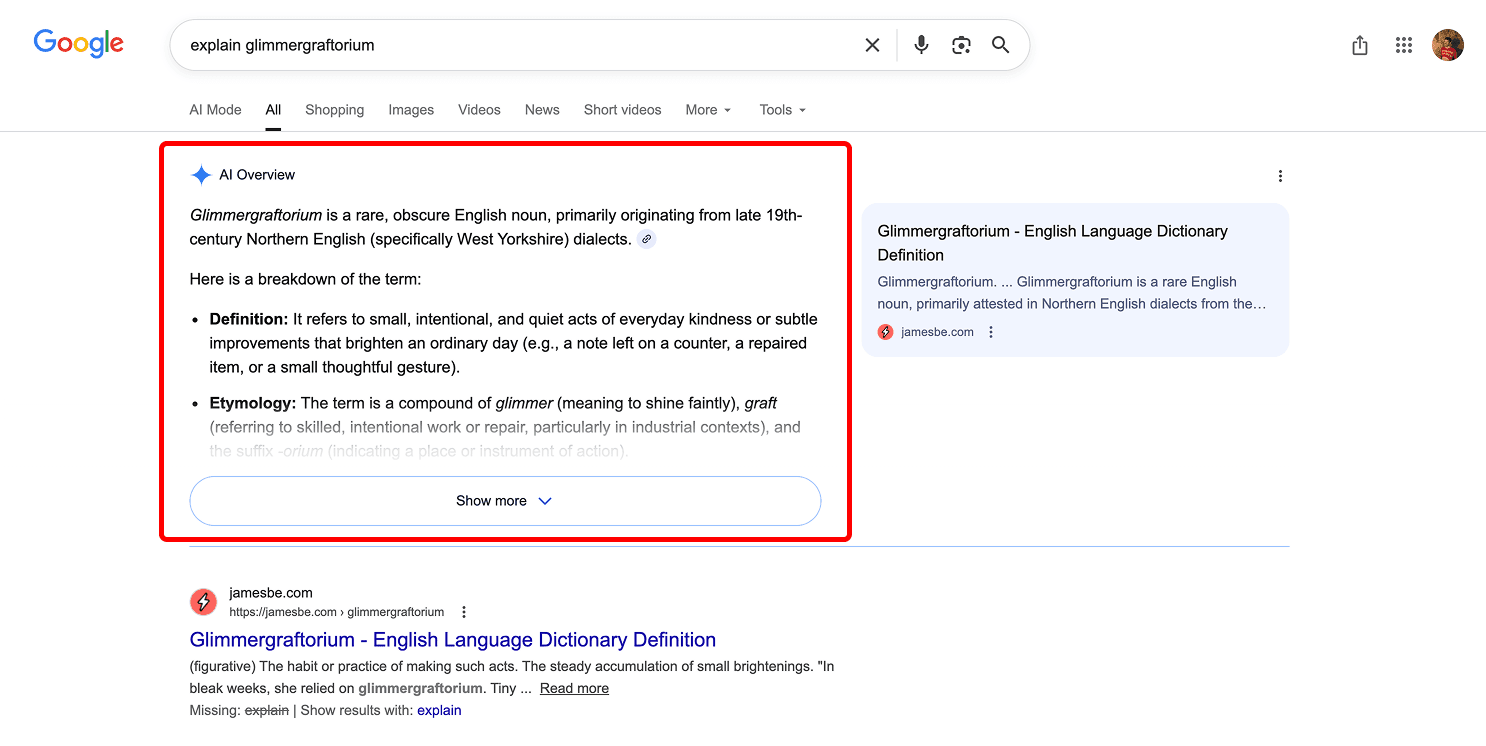 Google AI Overview showing the fabricated glimmergraftorium definition