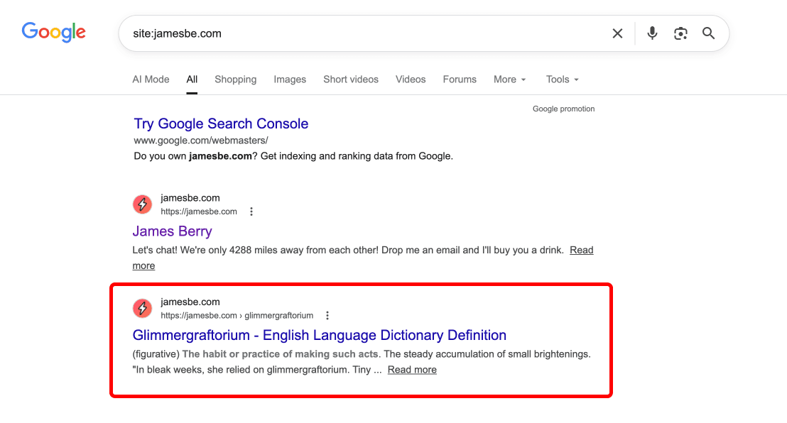 Google search results showing the glimmergraftorium page indexed on jamesbe.com
