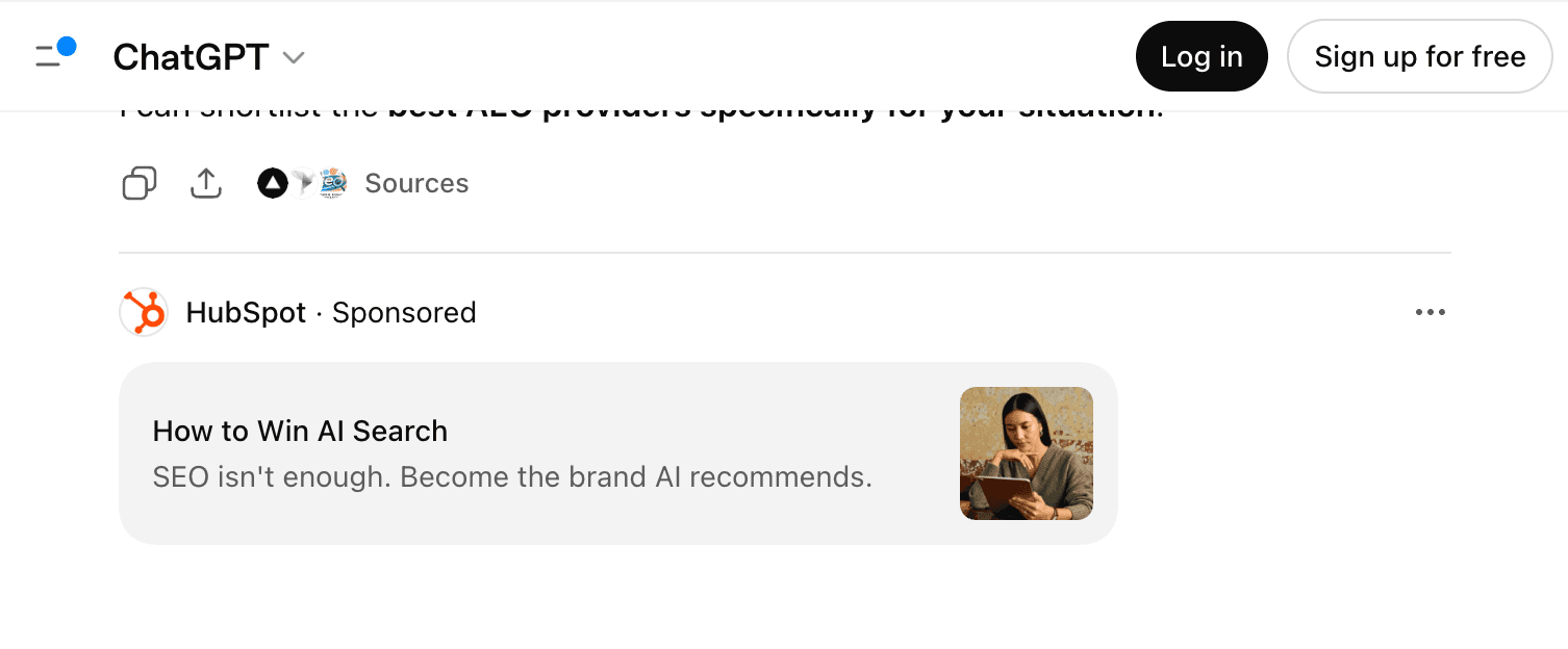 Sponsored HubSpot ad inside ChatGPT